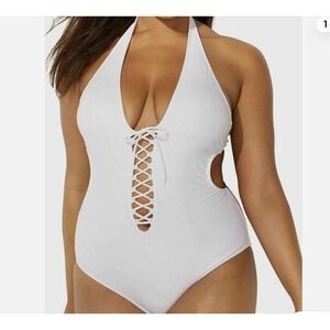 White Lace Up Bathing Suit Halter  Swimsuit OnePiece size 8 Large Ashley Graham